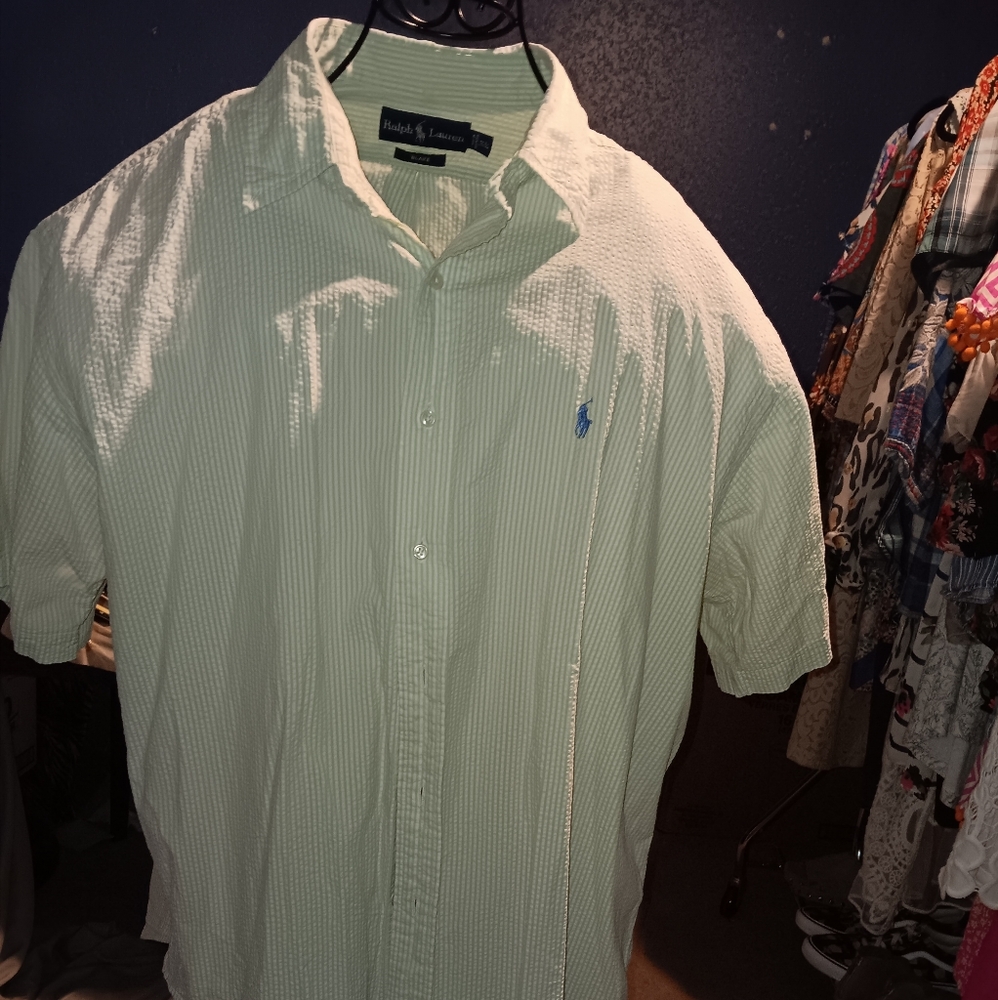 Euc Polo by Ralph Lauren Men's Green And White Seersucker Blake Shirt Sz XXL